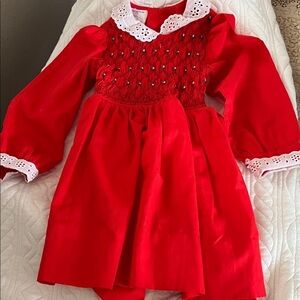 Vintage 1980's Polly Flinders Hand-Smocked White Collar Red Holiday Dress